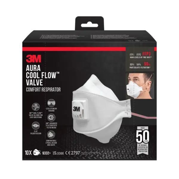 3M 9332-10 7100140880 Aura Disposable Particulate Respirator Valved Ffp3, 10 Each 1X60 product image 3M 9332-10 7100140880 Aura Disposable Particulate Respirator Valved Ffp3, 10 Each 1X60